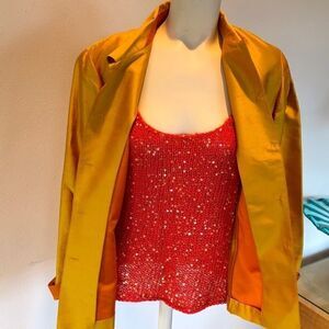 Dana Buchman Soft Shoulder Silk top blazer jacket Tangerine lining Gold face 8